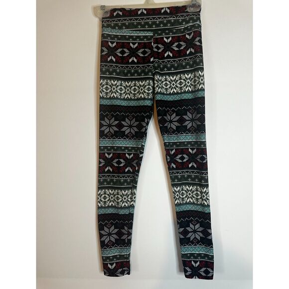 Dream Tween Girls Fair Isle Leggings Black Red Green Winter Holiday Print M - Picture 2 of 5